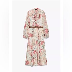 ZARA BELTED FLORAL PRINT MIDI DRESS